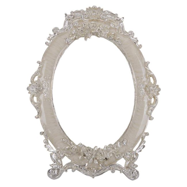 Nerien Decorative Vintage Tabletop Mirror Retro Metal Countertop Vanity Makeup Mirror Rose Embossed Antique Oval Mirror with Stand for Home, Bedroom, Dressers, Living Room, Bathroom White
