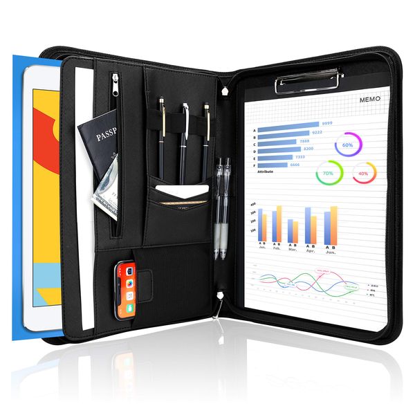 ProCase Portfolio Business Padfolio Folder with Zipper, Conference Meeting Executive File Legal Document Organizer with Pockets Letter Size A4 Writing Pad Notepad Padfolio for Father's Day Gift -Black