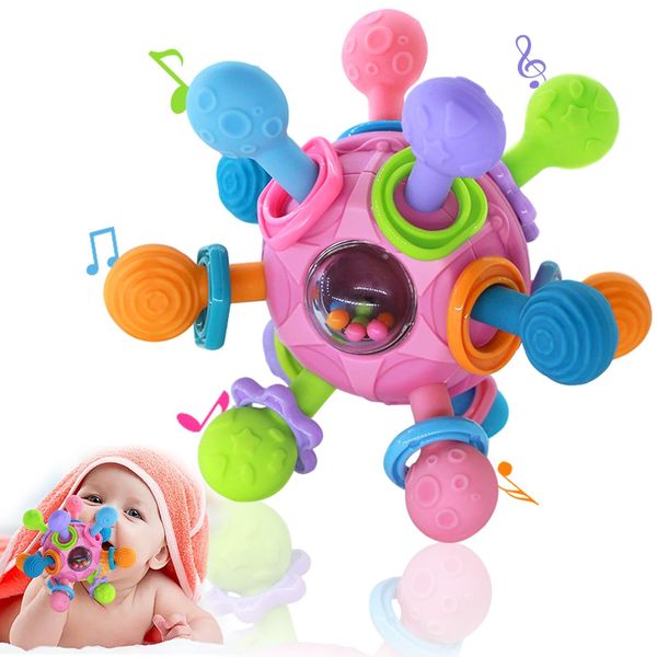 Baby Sensory Toys for 0-6 6-12 Months, Montessori Teething Toys 3-6 Months, Newborn Infants Development Baby Chew Rattles Toys 0 3 6 9 12 18 Months Teethers Gifts for 1 Year Old Girls Boys (Pink)