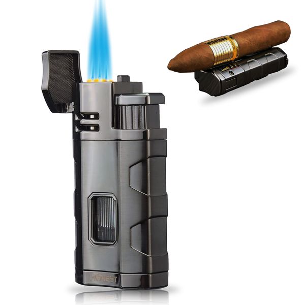 Torch Lighter Triple Jet Flame Refillable Butane Cigar Lighter Windproof Lighter with Cigar Punch Rest Holder - Butane Not Included (Gunmetal)