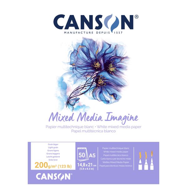 Canson Imagine A5 200g White Mixed Media Paper Pad, Light Grain, Markers, Brushes, Felt Tip-Pens, Ideal for Professional Artists & Illustrators