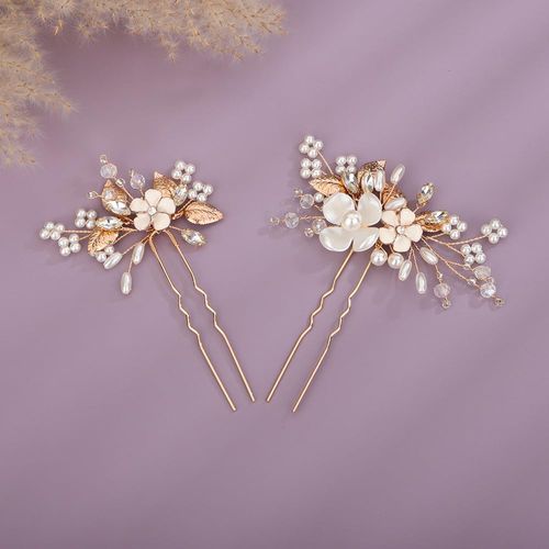 Teyglen Bridal Wedding Flower Hair Pins Crystal Pearl Hair Pins Clips Set Bridal Hair Accessories Gold Silver Leaf Hair Piece for Bride Women Girls (Gold)