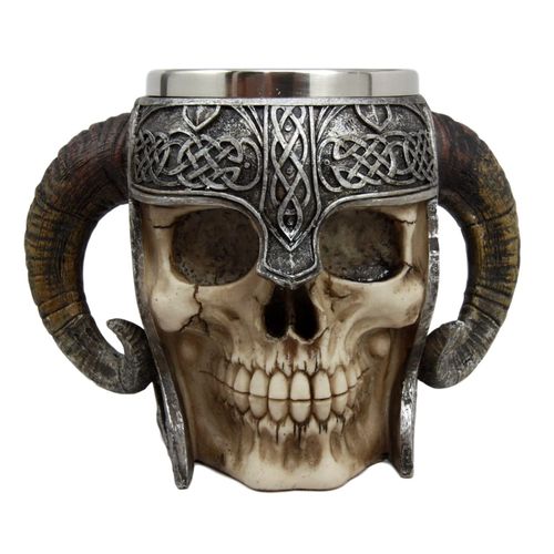 Ebros Gift Viking Ram Horned Pit Lord Warrior Skull With Battle Helmet Beer Stein Tankard Coffee Cup Mug 13oz Norse Mythology Folklore Odin Thor Loki Ragnarok Poetic Edda Decor