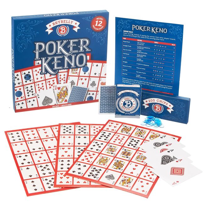 Brybelly Poker Keno Game Set with Cards and Chips - Adult Family Casino Board Game Night Gift Includes Deck of Playing Cards, 12 Boards, 200 Bingo Chips