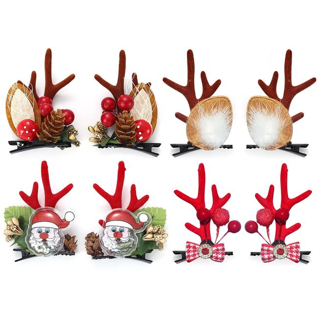 Christmas Hair Clip,RoadLoo 4 Pairs Christmas Reindeer Antler Hair Clips Lovely Santa Deer Horn Ears Hair Pins Hairpin Pine Cone Christmas Hairpin for Girls Christmas Party Festival Hair Decor