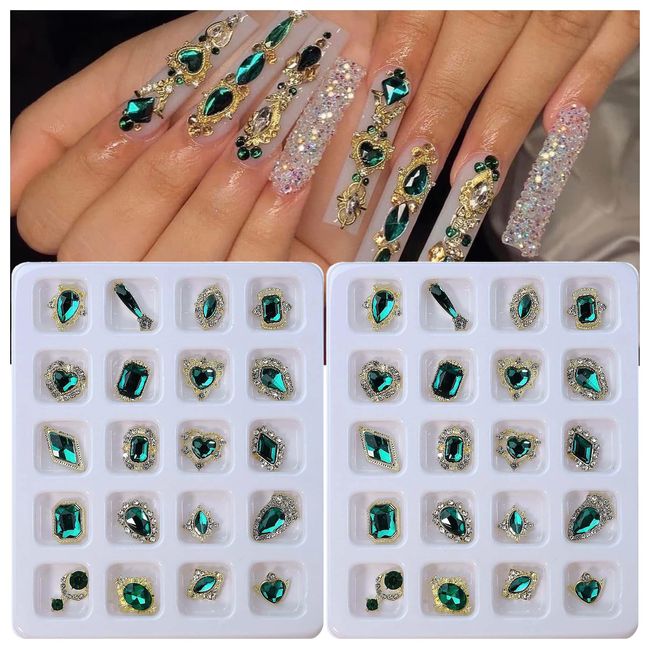 40PCS Emerald Green Luxury Nail Art Rhinestones Kit for Acrylic Nails，Green Alloy Nail Charms Nail Decorations，Nail Accessories Nail Jewels for Nail Art Supplies Manicure Making Craft DIY