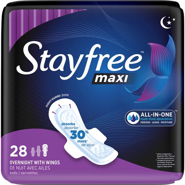 Stayfree Maxi Overnight Pads with Wings For Women, Reliable Protection and Absorbency of Feminine Periods, 28 Count