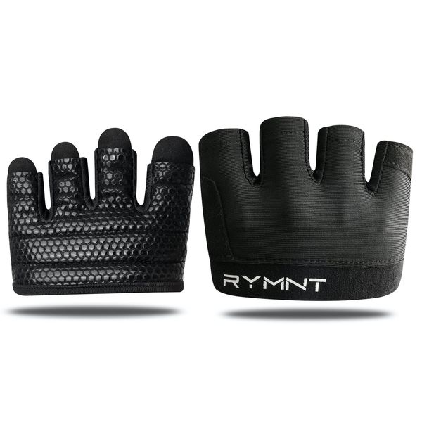 RYMNT Workout Gloves,Short Micro Weight Lifting Gloves Grip Pads with Full Palm Protection & Extra Grip for Men Women Weightlifting,Gym,Cross Training,Powerlifting,WODs.Black-Large