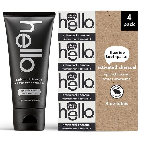 Hello Activated Charcoal Epic Teeth Whitening Fluoride Toothpaste, Fresh Mint and Coconut Oil, Vegan, SLS Free, Gluten Free and Peroxide Free, 4 Ounce (Pack of 4)