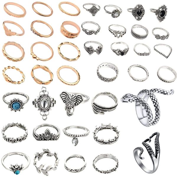 AIOMISKO Snake Octopus Knuckle Rings Set, Simple Stacking Rings for Women Girls Men, Vintage Retro Crystal Bohemian Midi Rings, Joint Nail Cuff Statement Rings (Set A: Mixed 41Pcs)