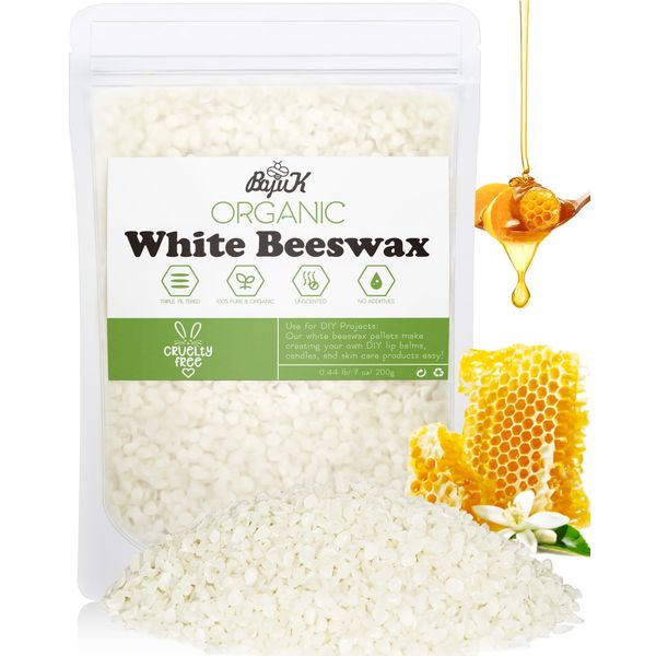 White Beeswax Pellets, Beeswax for Candle Making, Beeswax Pellets Cosmetic Grade Eco Friendly Products, Organic Beeswax for Body, Skin Care DIY, Lip Balm and Soap Making Supplies (200g, White)