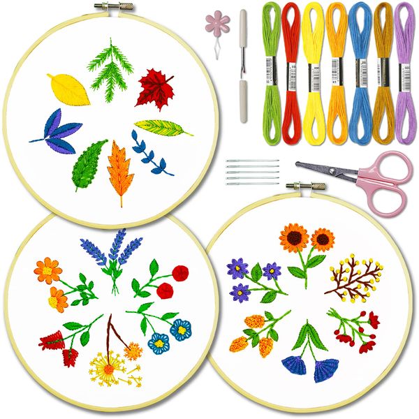 Bradove 3 Sets Leaves and Flowers Embroidery Practice Kit, Embroidery Kit for Beginners Adults, Learn to Embroider Kit Adult Beginner, Embroidery Practice Stitches Kit, Beginner Embroidery Kit