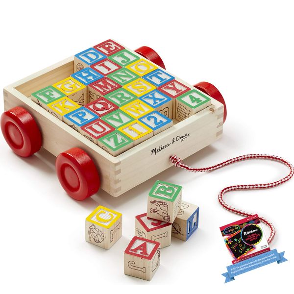 Melissa & Doug Classic ABC: 30-Piece Wooden Block Cart Bundle with 1 Theme Compatible M&D Scratch Fun Mini-Pad (01169)