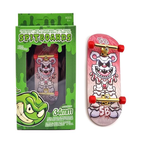 SPITBOARDS 34mm x 96mm Pro Fingerboard Set-Up (Complete) | Real Wood Deck | Pro Trucks with Lock-Nuts and Pro Bushings | Polyurethane Pro Wheels with Bearings | Hahaha Clown