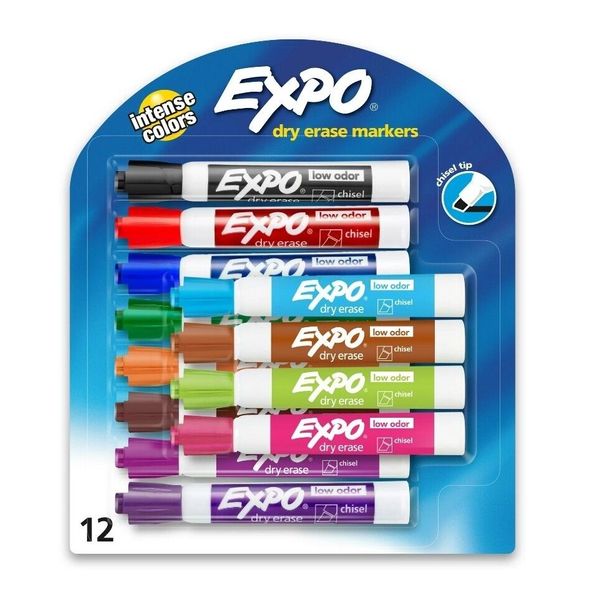 EXPO Low Odor Dry Erase Markers, Chisel Tip, Assorted 12 Count