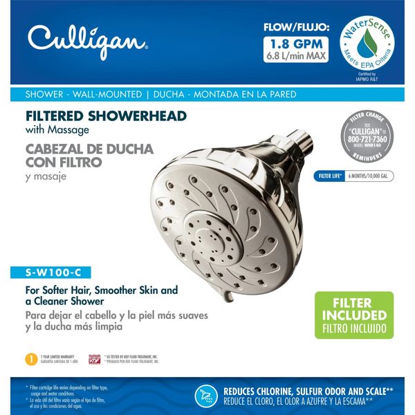 Wall-mounted chrome filter shower head by Culligan