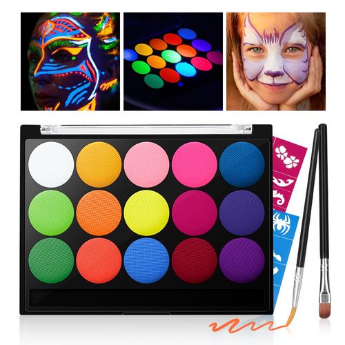 Skymore Children's Make-Up Set, UV Body Painting Colours, Fluorescence Face Paint, 15 Colours, Theatre Make-Up, Carnival Make-Up for Children, Children's Make-Up, Water-Based, Children's Make-Up Set