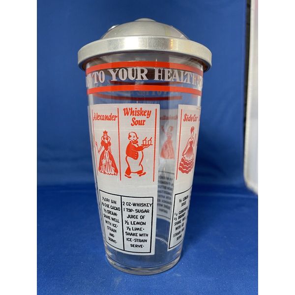 VINTAGE TO YOUR HEALTH DIFFERENT LANGUAGES  COCKTAIL SHAKER WITH  LID RECIPES