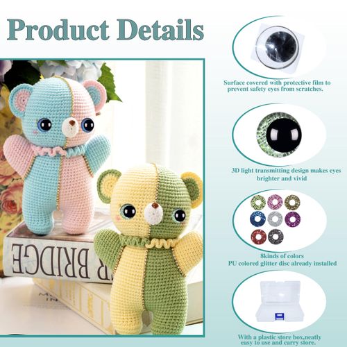 ARTCXC 32Pcs 30mm 3D Grid Glitter Safety Eyes and Safety Washers for Crocheting 8Colors Moon Safety Eyes for Amigurumi Craft Eyes for DIY Making of Plush Animal Doll Puppet DIY Project
