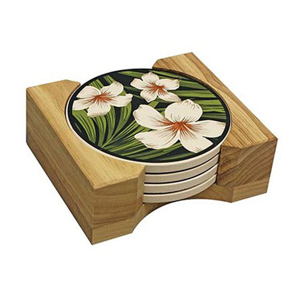 Hawaiian Plumerias Ceramic Coasters Set 4 Tableware Tiki Bar Decor Kitchen NIB