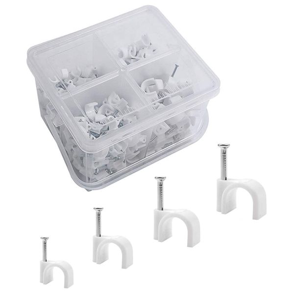 Round Cable Clips Assortment 6mm 7mm 8mm 10mm - Pack of 400, with Portable PP Box (White)