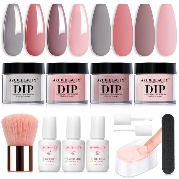 AZUREBEAUTY Dip Powder Nail Kit, 4 Colors Gentle Nude Pink Neutral Skin Dipping Powder System Liquid Set Recycling Tray with Base & Top Coat Activator for French Nail Art Manicure Salon DIY at Home