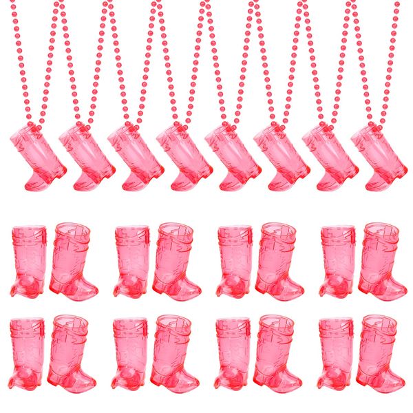 YAXINRUI 24 Pcs Cowgirl Boot Shot Glasses on Beaded Necklace Plastic Shot Glasses Cups Necklaces for Bachelorette Birthday Wedding Party Team Groom and Bride Supplies (Transparent Rose)