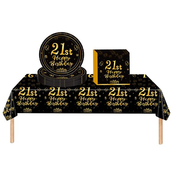 Black Gold 21st Birthday Plastic Table Cloth,Paper Plates Napkins Tableware Set,37P 21st Birthday Table Decorations Disposable Tableware Kit for Women,Men,Lady,Him,Her 21st Birthday Gifts Party Décor