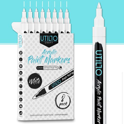 White Paint Pen (8-Pack) 0.7mm Extra Fine Tip Made in Japan | Bold Color+100% Coverage | For Rock, Wood, Glass, Paper, Fabric, Canvas, Metal and More! | White Paint Pens | White Acrylic Paint Pens