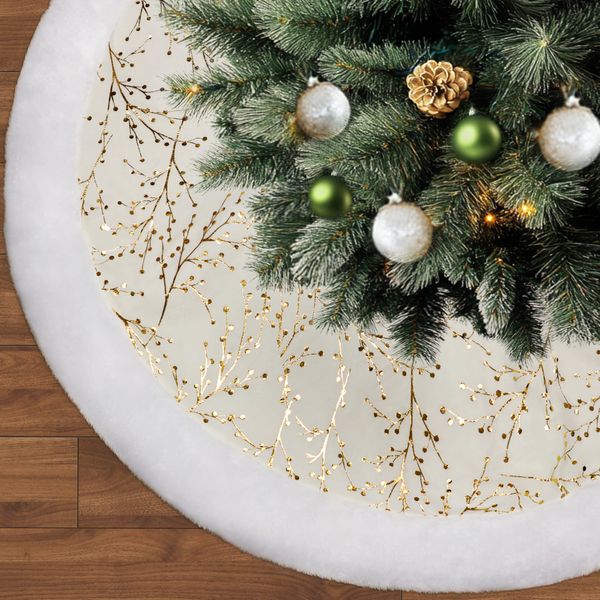 SYITCUN Christmas Tree Skirt, 48inch White and Gold Tree Skirt, Faux Fur Xmas Tree Skirt for 4 5 6 7 8 9 Ft Christmas Trees, Thicker Plush Christmas Tree Decorations
