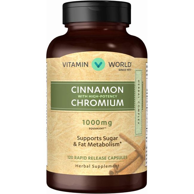 Vitamin World Cinnamon 1000 mg. Complex 120 Capsules, Chromium, High-Potency, Metabolism, Gluten Free