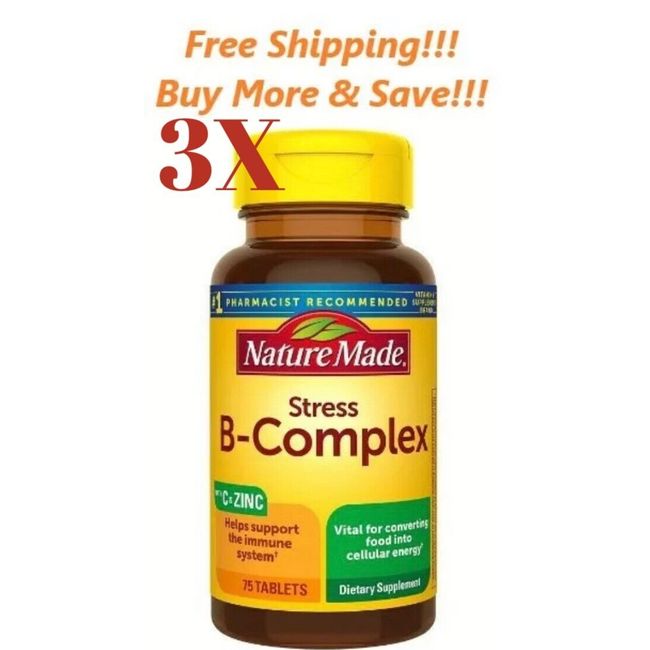 3X Nature Made Stress B - Complex with Vitamin C  Zinc 75 Tablets (225 Ct Total)