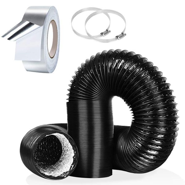 4Inch 5FT Flexible Aluminum Ducting, Black Air Duct Pipe for 100mm Standard Tumble Dryer Vent, Extractor Fan, Grow Tent, 2 Hose Clamps and 1 Aluminum Foil Tape Included