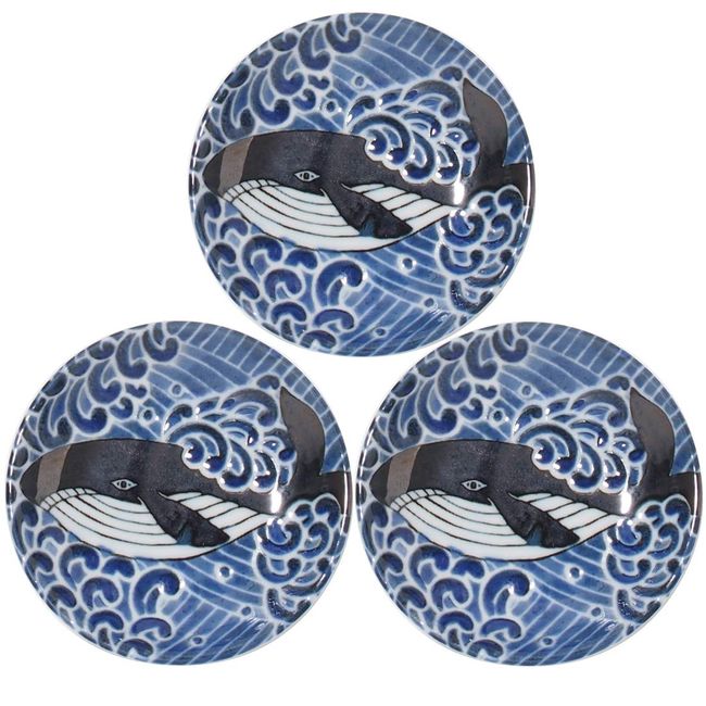 Mino Pottery White Wave Whale 100 Plates, Set of 3