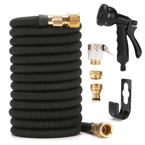 JIANLEI Expandable Hose, 3 Times Longer Sprinkling, For Car Washing, Watering, Gardens, Verandas, Gardens, Flower Beds, Large Cleaning (5 - 15 m, Metal Nozzle, Black)