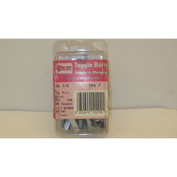 CROWN BOLT 10292 TOGGLE BOLTS 3/16"x3" 14 PIECE HOLLOW WALL TAP-PRO ANCHORS NIB