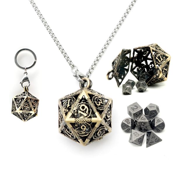 Haxtec Mini Metal DND Dice Set With Bronze Hollow D20 Necklace Dice Case Antique Tiny Metal Dice Set D&D Portable 7PCS Keychain Dice Set