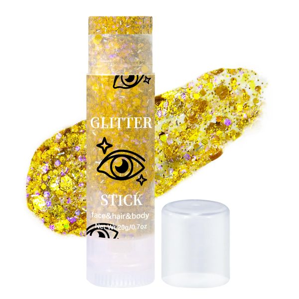 Prreal Body Glitter, Mermaid Face Glitter Stick Makeup Holographic Sequins, Hair Glitters Eyeshadow Body Shimmer for Rave Accessories,Stage Christmas Festival Makeup Glitter(Gold)