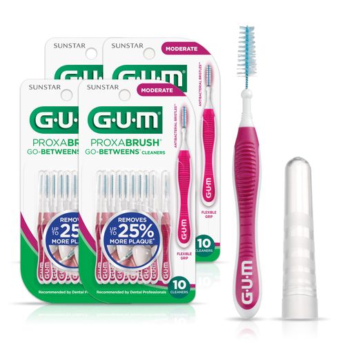 GUM Proxabrush Go-Betweens - Moderate - Interdental Brushes - Soft Bristled Dental Picks for Plaque Removal Health - Safe for Braces & Dental Devices, 10ct (4pk)