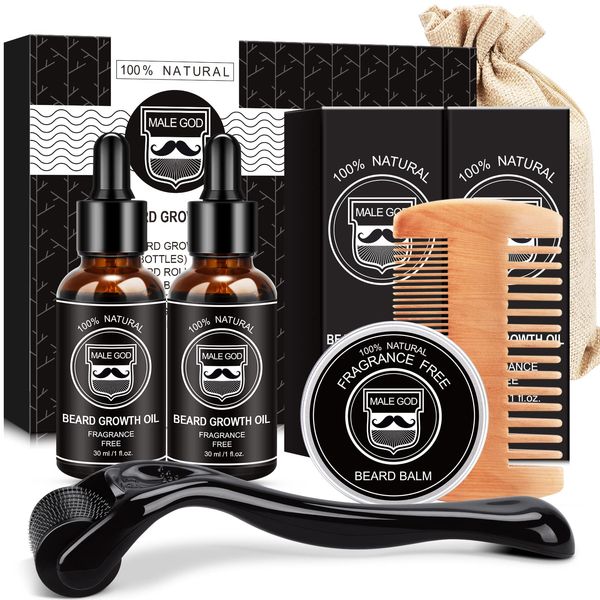 MALE GOD Beard Growth Kit - Beard Kit with Beard Growth Oil(2 Pack), Beard Massager, Beard Balm, Beard Comb, Beard Growth Products for Patchy Beard - Birthday Gifts for Men Husband Boyfriend Dad