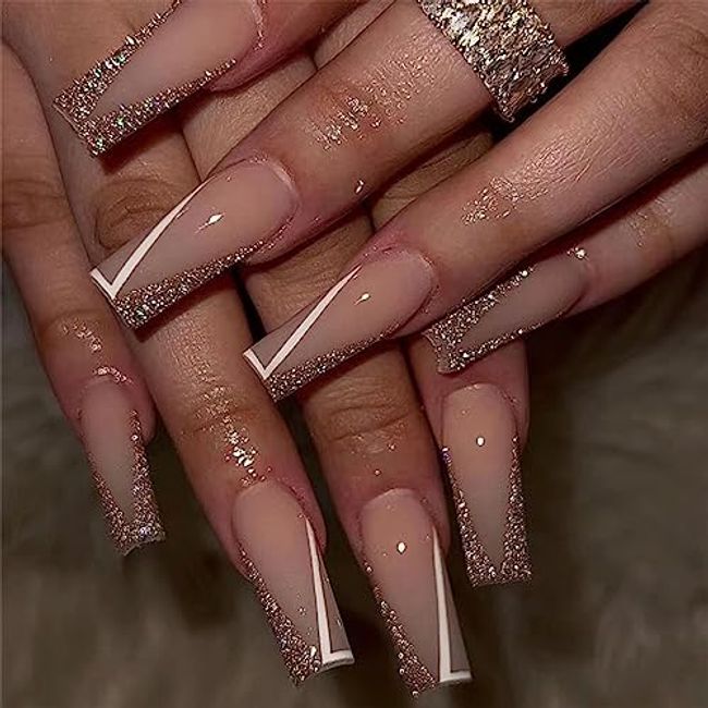 24pcs Long Pointed False Nails Decorated With Champagne, Sparkling Powder  And Red-Brown Rhinestones, Perfect For Festivals And Female Party Dressing