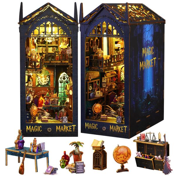 DIY Book Nook Kit, 3D Wooden Puzzle Bookshelf Decor, Miniature Bookend Magic Pharmacist Dollhouse Kit for Teens and Adults