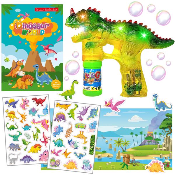 Dinosaur Toy Gift Set: One Bubble Gun, 12 Mini Dino Figurines in 6 Eggs & Sticker Book with 40 Reusable Stickers – Fun Dinosaur Toys for Kids, Toddlers, Boys & Girls