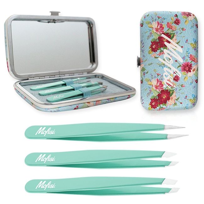 Tweezers Set Eyebrow Tweezers Slanted Pointed Flat Tweezers With Mirror 3 Pairs Leather Case Metal Clasp by Mofisi Ltd.