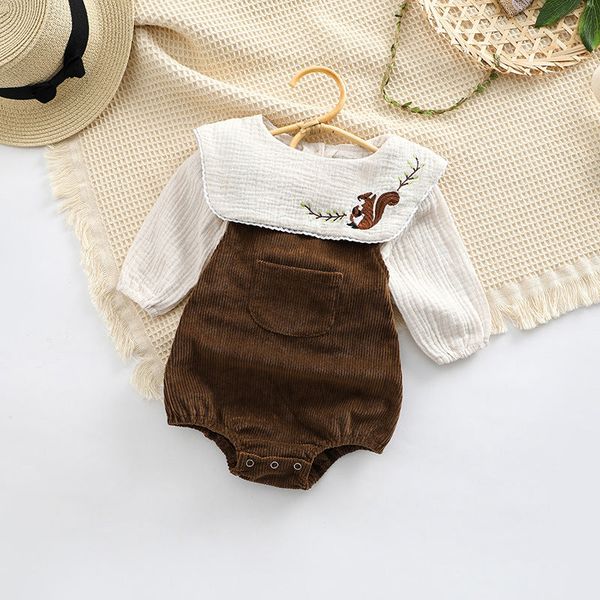 Baby Embroidered Pattern Lapel Cotton Shirt Combo Corduroy Strap Onesies Sets - 66 (3-6M) / Coffee