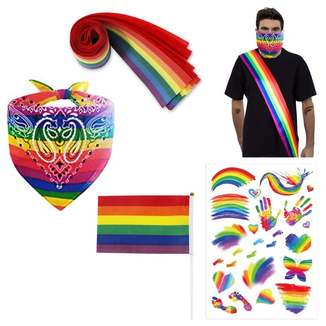 ISOI LGBT Pride Decorations, Pride Flag set, 4 Pack Gay Pride Accessories with Bandana Streamer Sticker and Hand Waving Flag, Progress Pride Rainbow for Festival Celebrations(Set1)