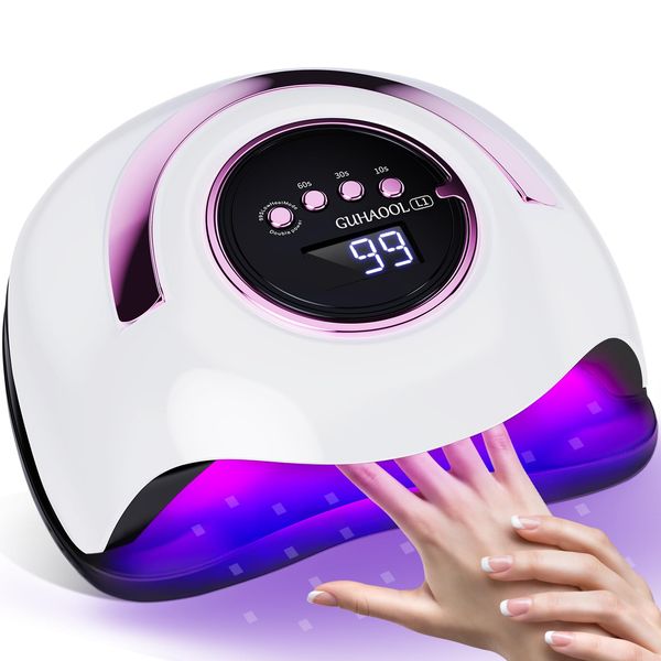 GUHAOOL Lampada Unghie UV LED, 180W Fornetto Unghie Può Curare Rapidamente, con 4 Timer 10s/30s/60s/99s,Sensore Di Avvio Automatico, LCD Display Lampada per unghie per Gel Nail Polish Light, Bianco