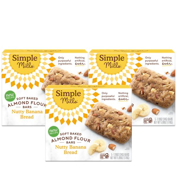 Simple Mills Almond Flour Snack Bars, Nutty Banana Bread - Gluten Free, Made with Organic Coconut Oil, Breakfast Bars, Healthy Snacks, Paleo Friendly, 6 Ounce (Pack of 3)