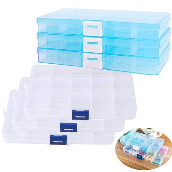 TOKERD 6 Pcs Plastic Jewellery Organizer Box Clear Bead Storage Box with 15 Grids Adjustable Craft Box Organiser Plastic Storage Case for Beads, Earring, Screws and Small Craft Items