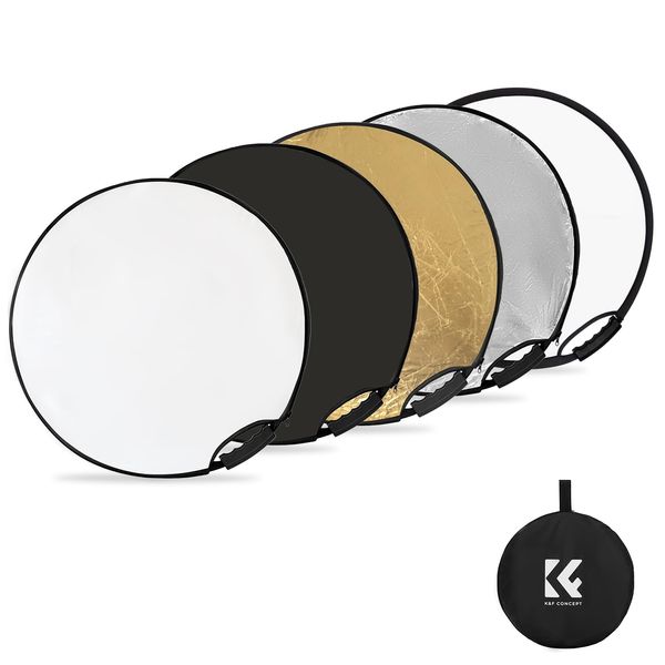 K&F Concept 5-in-1 Light Reflector 22"(60cm) Photography Diffuser Collapsible Portable for Studio and Outdoor Lighting Gold Silver White Black Translucent